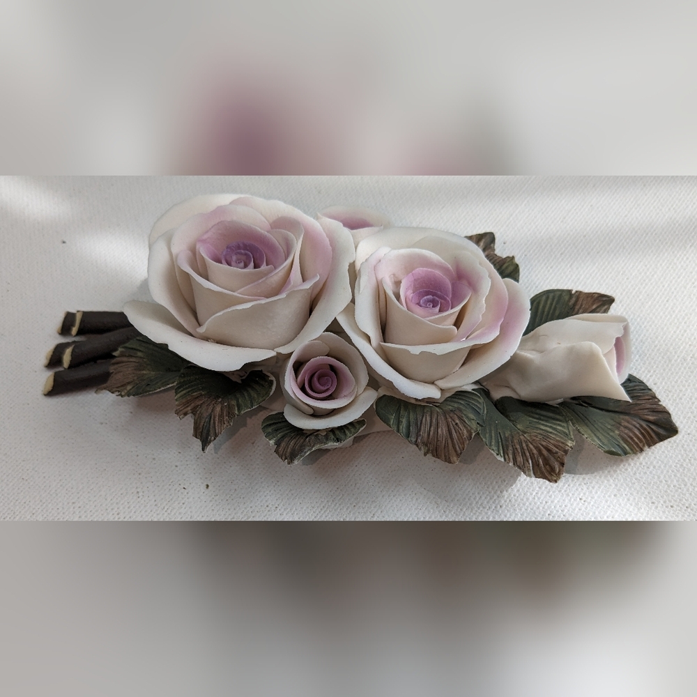 Handcrafted Porcelain Bisque Figurine Lavender Roses & Stems Home Decor 7" X-1